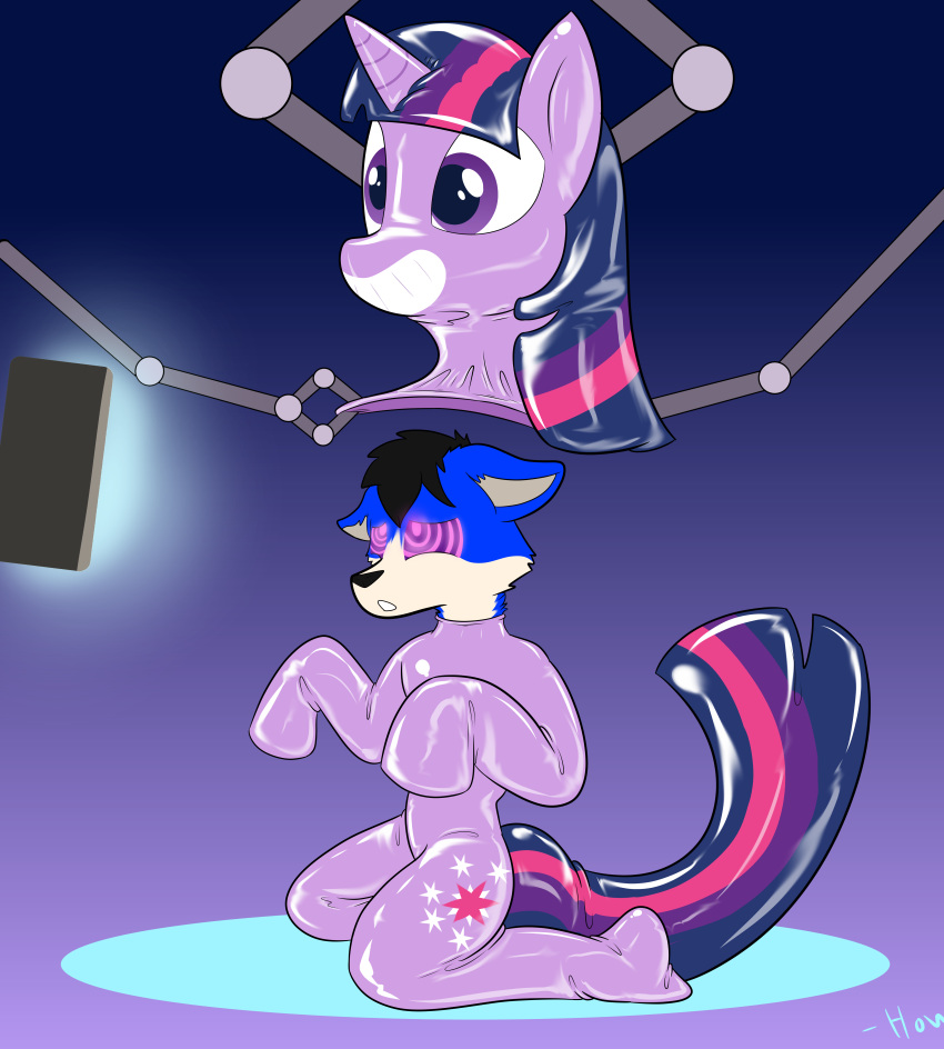 absurd_res artist_how2101 canid canine canis clothing costume costume_transformation domestic_dog friendship_is_magic hasbro hi_res how2101 hypnosis latex_skin latex_transformation mammal mc mind_control my_little_pony rubber rubber_suit solo suit suit_transformation transformation twilight_sparkle_(mlp) wolf