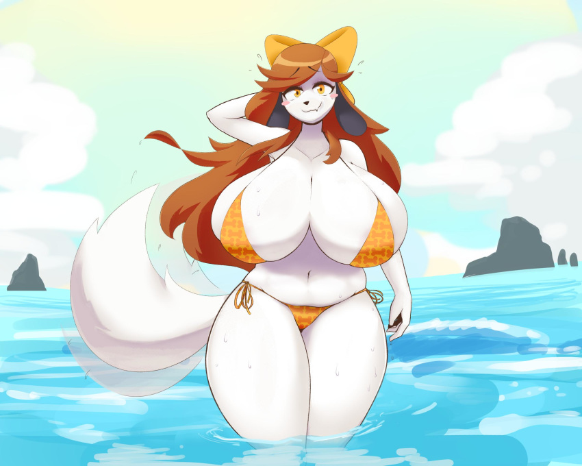 2019 5:4 accessory anthro big_breasts bikini black_nose blush blush_stickers breasts brown_hair canid canine canis clothed clothing domestic_dog female hair hair_accessory hair_bow hair_ribbon hand_behind_head hi_res holly_applebee huge_breasts long_hair looking_at_viewer mammal navel outside partially_submerged ribbons solo swimwear unyin water yellow_eyes