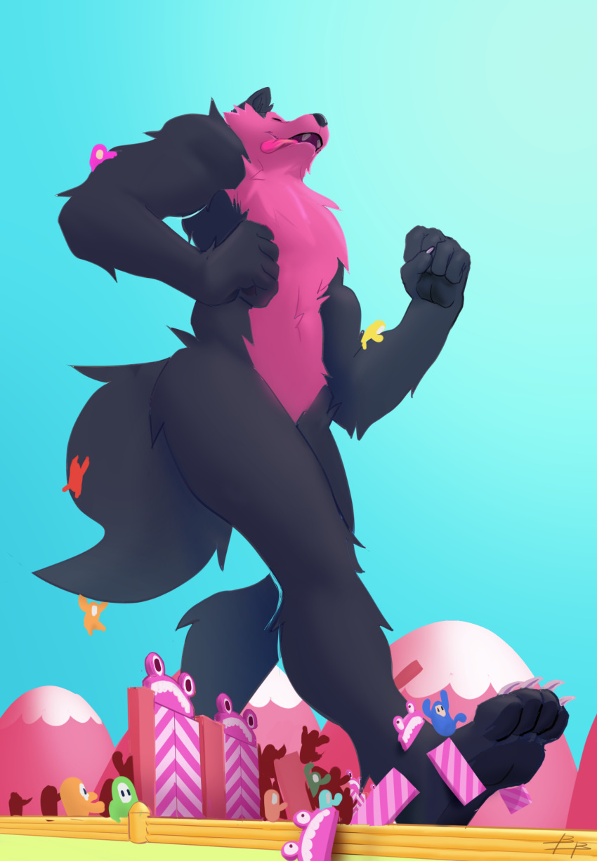 4_toes 5_fingers absurd_res ambiguous_gender anthro big_bad_(fall_guys) black_body black_fur blue_sky blueblaster canid canine canis claws clothing fall_guy fall_guys fangs fingers fur group hi_res low-angle_view mammal multicolored_body multicolored_fur nude pink_body pink_fur sky toe_claws toes tongue tongue_out two_tone_body two_tone_fur underwear wolf worm's-eye_view