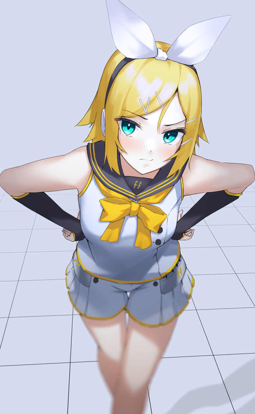 1girl :s aqua_eyes bangs black_sailor_collar blonde_hair blurry blush bow closed_mouth depth_of_field detached_sleeves feet_out_of_frame grey_background hair_ornament hair_ribbon hairclip headphones highres kagamine_rin leaning_forward looking_at_viewer neckerchief orange_bow orange_neckwear osanzi ribbon sailor_collar school_uniform serafuku shirt short_hair short_shorts short_sleeves shorts sidelocks simple_background sleeveless sleeveless_shirt solo standing swept_bangs thigh_gap tile_floor tiles v-shaped_eyebrows vocaloid white_ribbon white_shirt white_shorts