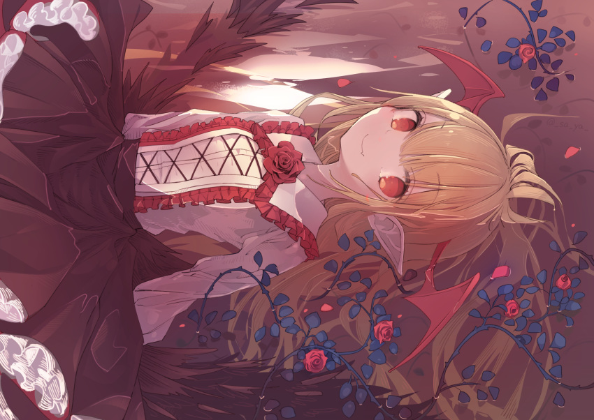 1girl bangs bat_wings blonde_hair brown_skirt center_frills closed_mouth commentary_request eyebrows_visible_through_hair fang fang_out flower frilled_shirt_collar frills granblue_fantasy hair_between_eyes head_wings highres long_hair long_sleeves looking_at_viewer lying on_back pleated_skirt pointy_ears red_eyes red_flower red_rose red_wings rose saya_(sayaya) shirt skirt smile solo vampy water white_shirt wings