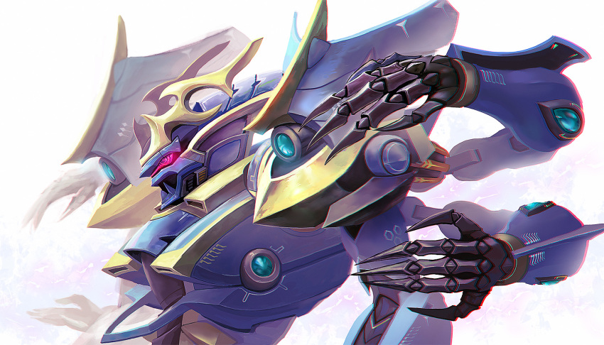 chromatic_aberration close-up extra_arms from_side glowing glowing_eye ikaruga_(knight's_&amp;_magic) knight's_&amp;_magic mecha no_humans open_hands pink_eyes solo tsutamine_tomori