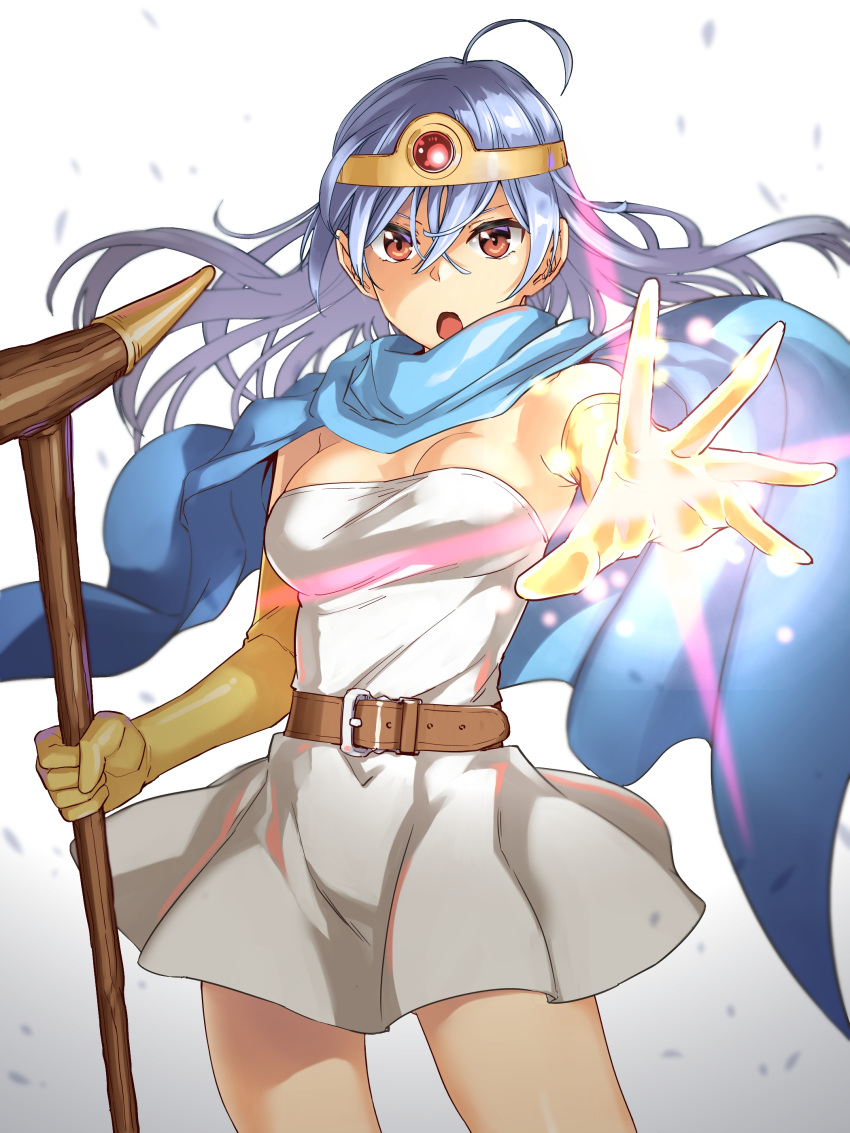 1girl abo_(hechouchou) absurdres ahoge aqua_hair belt buckle cape circlet commentary dragon_quest dragon_quest_iii dress elbow_gloves gloves highres magic open_mouth reaching_out red_eyes sage_(dq3) scarf solo staff yellow_gloves