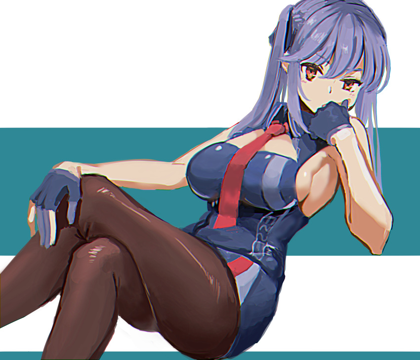 1girl absurdres azur_lane black_legwear blue_dress braid breasts cleavage_cutout collared_dress crossed_legs dress episenpei essex_(azur_lane) french_braid gloves hair_ornament hair_ribbon highres large_breasts leaning_back looking_at_viewer necktie no_cloak red_neckwear ribbon twintails