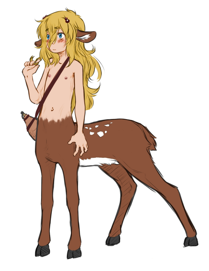 animal_ear aogami areola blonde_hair blue_eyes blush brown_body brown_fur cervid cervid_taur dryad edit female flat_chested fur hair hi_res mammal mammal_taur nipples nude simple_background solo spots standing taur topless_female white_spots