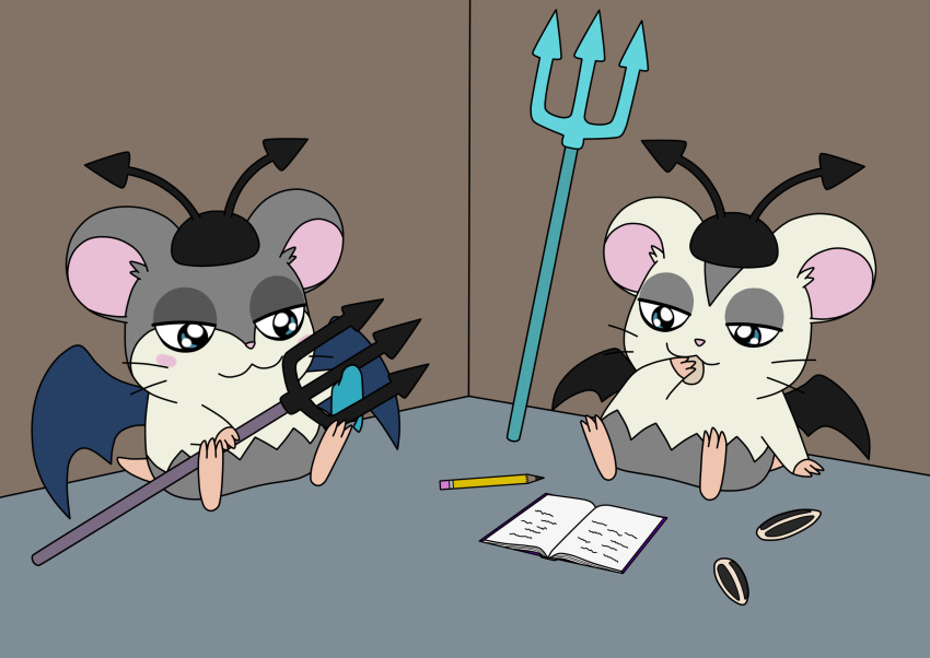 anime cricetid devi_hamu_kun duo ham_ham_heartbreak hamster hamtaro hamtaro_(series) hi_res male mammal melee_weapon pitchfork polearm rodent scheming spat_(hamtaro) tools tottoko_hamutaro trident video_games weapon