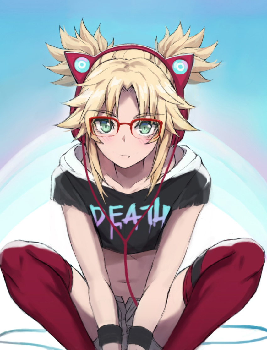 1girl axent_wear bangs bespectacled black_shirt blonde_hair blush braid breasts cat_ear_headphones closed_mouth clothes_writing commentary_request crop_top fang fang_out fate/apocrypha fate_(series) french_braid glasses green_eyes grey_shorts hair_ornament hair_scrunchie headphones highres long_hair looking_at_viewer midriff mordred_(fate) mordred_(fate)_(all) navel parted_bangs red-framed_eyewear red_legwear red_scrunchie scrunchie shirt short_sleeves shorts sidelocks small_breasts squatting tonee twintails