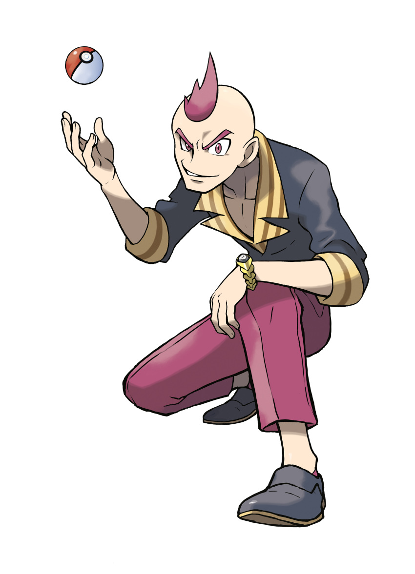 1boy absurdres artist_request bald black_footwear black_shirt bracelet collarbone elite_four full_body grin hand_up happy highres jewelry looking_at_viewer male_focus official_art pants poke_ball poke_ball_(basic) pokemon pokemon_(game) pokemon_oras red_eyes red_hair red_legwear red_pants shirt shoes sidney_(pokemon) sleeves_rolled_up smile socks solo squatting teeth transparent_background