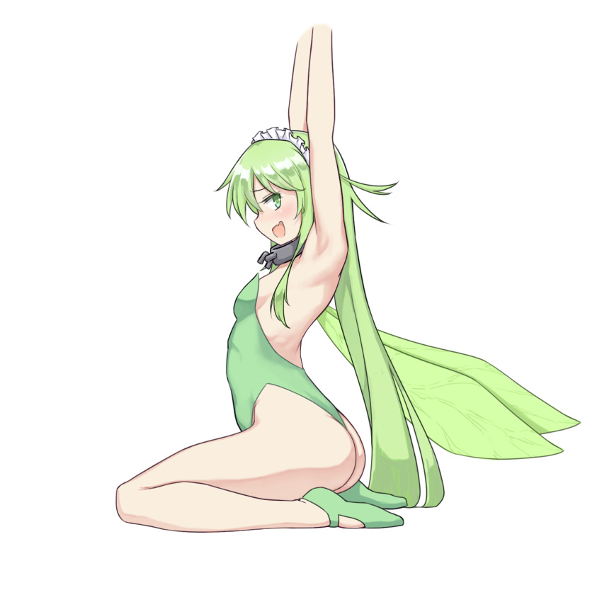 1girl :d armpits arms_up ass black_souls breasts chain fairy fairy_wings fang from_side furrowed_eyebrows green_eyes green_footwear green_hair green_leotard green_wings highres leaf_(black_souls) leotard long_hair maid_headdress open_mouth ribbonsnek ribs sideways_mouth small_breasts smile solo straight_hair strapless strapless_leotard transparent_background very_long_hair wings