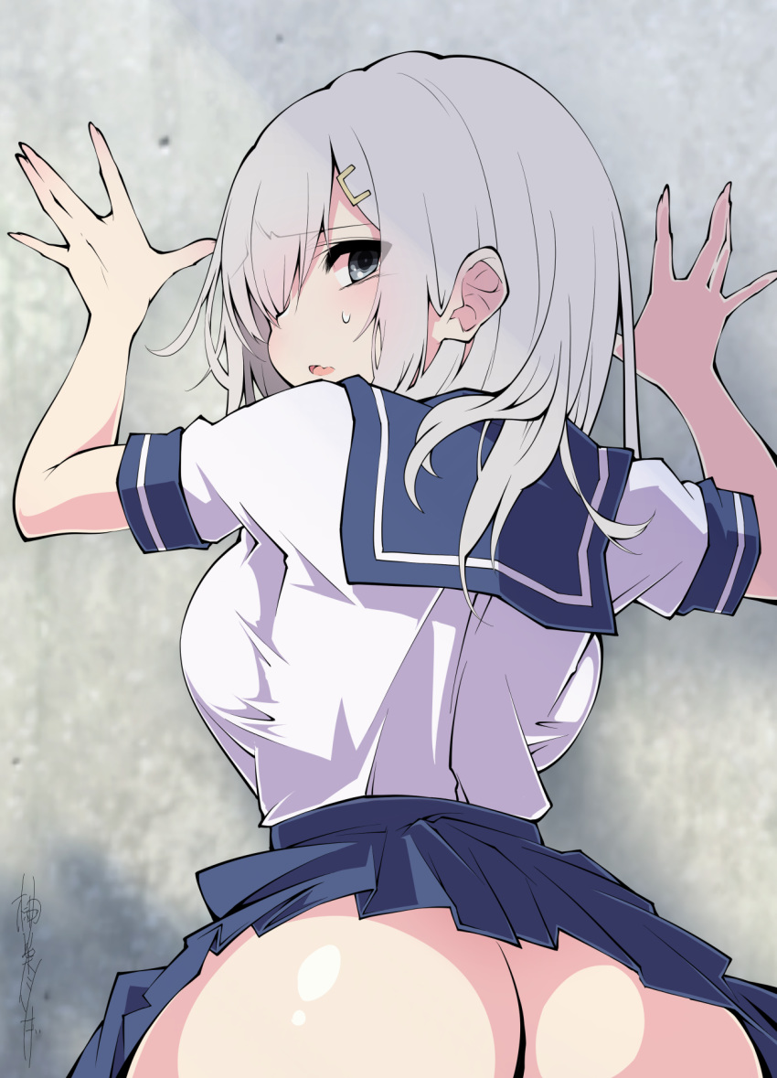 1girl against_wall ass backboob bangs blue_sailor_collar blue_skirt blush breasts eyebrows_visible_through_hair fang from_behind grey_eyes hair_ornament hairclip hamakaze_(kantai_collection) head_tilt highres kantai_collection large_breasts no_panties open_mouth sailor_collar sakakiba_misogi school_uniform serafuku short_sleeves signature silver_hair skin_fang skirt solo sweat