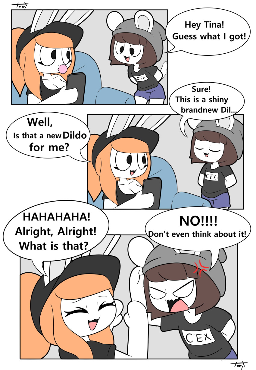 angry anthro breasts clothed clothing comic dialogue duo english_text female fully_clothed hi_res lagomorph leporid male mammal open_mouth rabbit smile standing text tonytoran