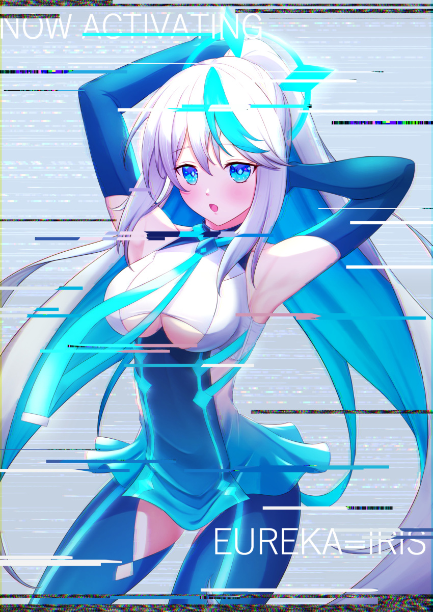 1girl :o absurdres armpits arms_behind_head arms_up blue_dress blue_eyes blue_gloves blue_hair blue_pants breasts character_name cocoablue23 cowboy_shot dress elbow_gloves eureka_iris glitch gloves highres large_breasts liver_city long_hair looking_at_viewer multicolored_hair necktie open_mouth pants ponytail short_dress sleeveless sleeveless_dress solo thigh_cutout two-tone_dress two-tone_hair underboob underboob_cutout very_long_hair white_hair