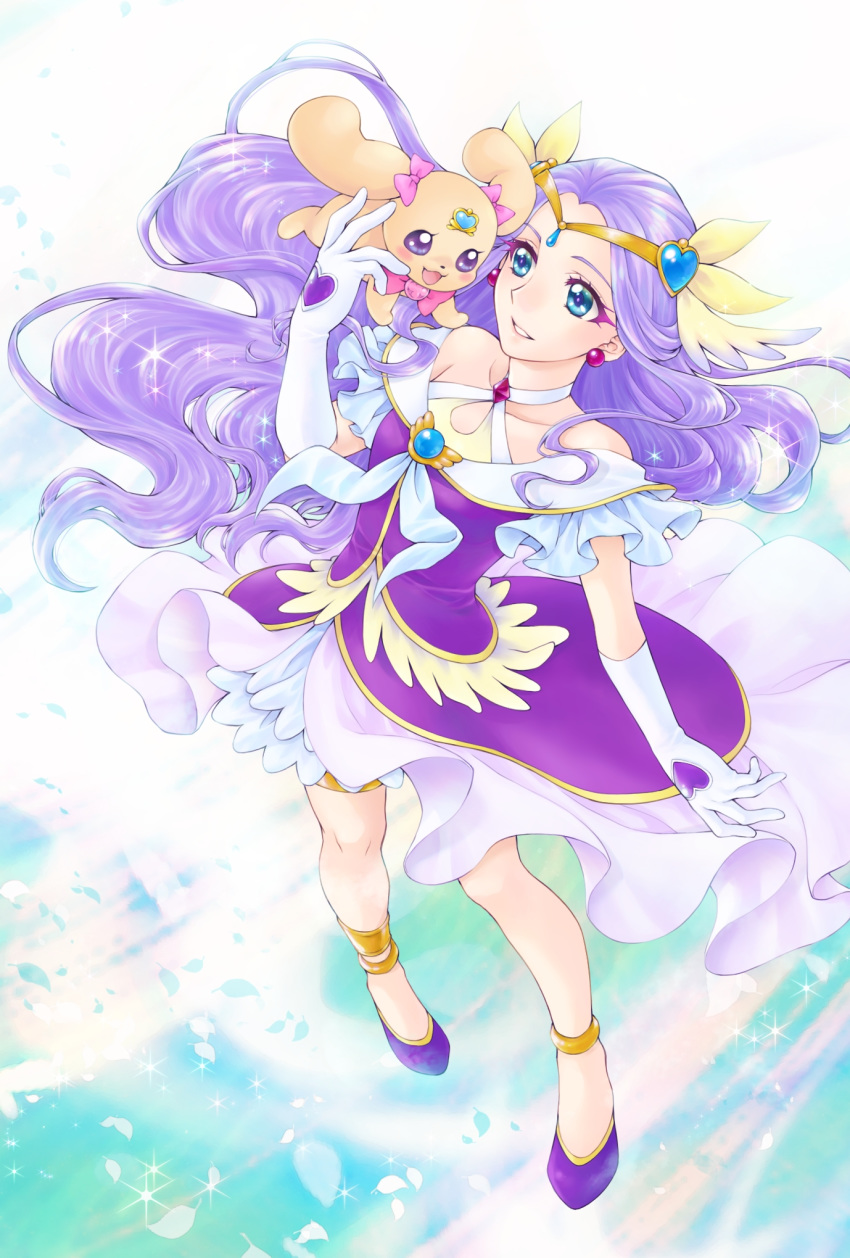 1girl aizen_(syoshiyuki) anklet blue_eyes choker circlet collarbone cure_earth dress earrings elbow_gloves full_body gloves healin'_good_precure heart highres jewelry latte_(precure) long_hair parted_lips precure pumps purple_dress purple_footwear purple_hair shiny shiny_hair short_dress solo thighlet very_long_hair white_background white_choker white_gloves