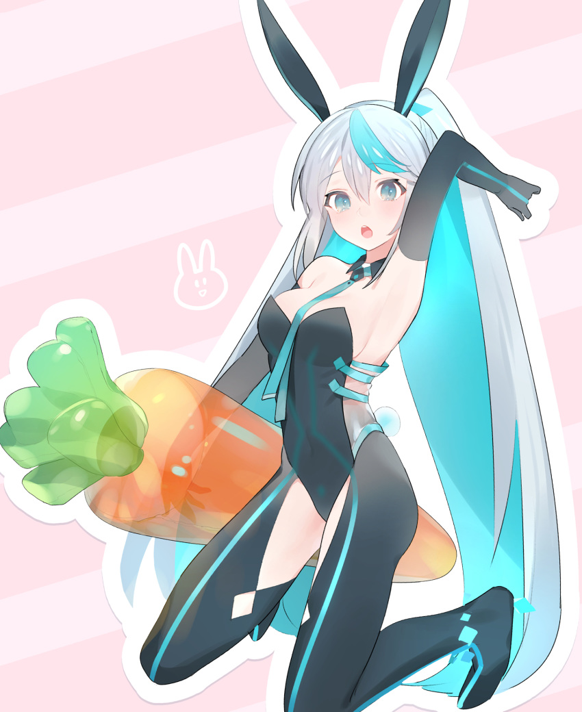 1girl :o animal_ears arm_up armpits between_breasts black_gloves black_legwear black_leotard blue_eyes blue_hair breasts bunny_ears detached_collar elbow_gloves eureka_iris fake_animal_ears gloves highres holding inflatable_carrot inflatable_toy kneeling leotard liver_city long_hair looking_at_viewer medium_breasts multicolored_hair necktie open_mouth pink_background ponytail silver_hair solo thigh_cutout transparent two-tone_hair tym_taro very_long_hair wing_collar