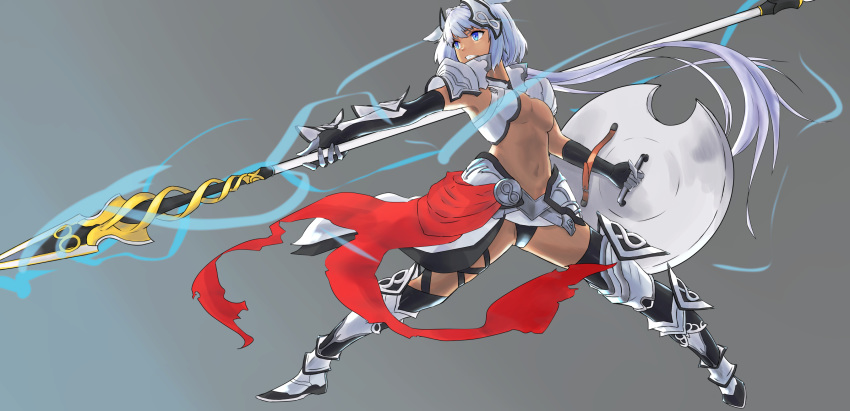 1girl :d armor black_gloves black_legwear black_panties blue_eyes breasts caenis_(fate) dark_skin elbow_gloves fate_(series) full_body gauntlets gloves grey_background grey_hair hair_ornament highres holding holding_lance holding_polearm holding_shield holding_weapon lance legs_apart navel open_mouth panties polearm rute_3547 shield sidelocks simple_background small_breasts smile solo standing tan underwear weapon