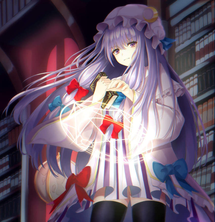 1girl absurdres black_legwear blue_bow blue_ribbon book bookshelf bow cowboy_shot crescent crescent_moon_pin dress_bow eyebrows_visible_through_hair hair_bow hat hat_ribbon highres holding holding_book kure:kuroha library long_hair looking_at_viewer magic_circle mob_cap patchouli_knowledge purple_eyes purple_hair red_bow ribbon serious solo striped_clothes thighhighs touhou very_long_hair wide_sleeves window
