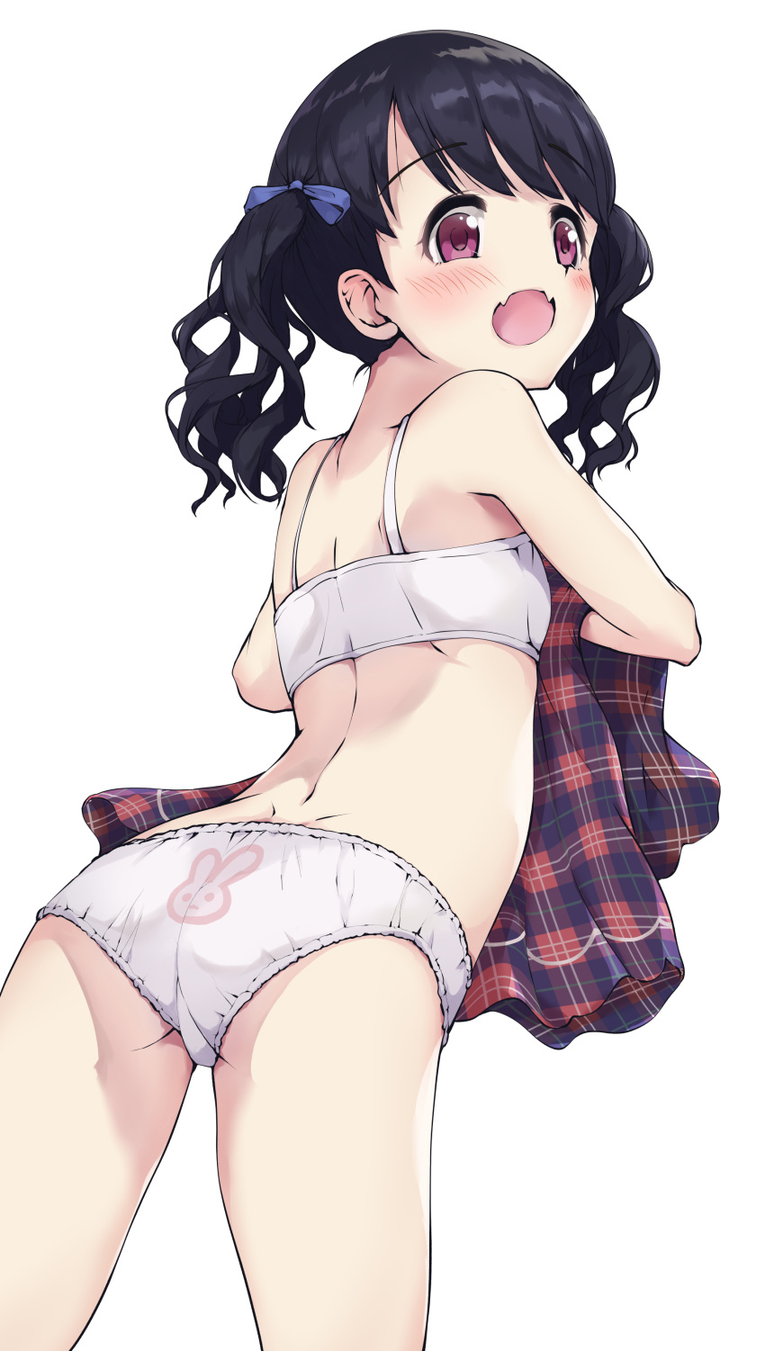 1girl :o absurdres animal_print ass bangs black_hair blue_bow blue_dress blush bow bra bunny_panties bunny_print commentary_request dress dress_removed eyebrows_visible_through_hair fangs from_behind fukumaru_koito hair_bow highres idolmaster idolmaster_shiny_colors kuroba_aki looking_at_viewer looking_back open_mouth panties plaid plaid_dress print_panties red_eyes simple_background solo twintails underwear underwear_only white_background white_bra white_panties