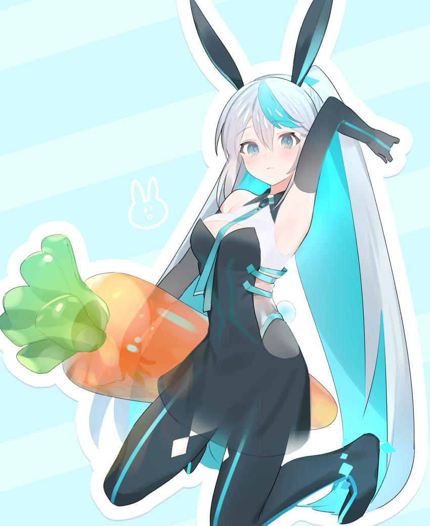 1girl animal_ears arm_up armpits between_breasts black_dress black_gloves black_legwear blue_background blue_eyes blue_hair breasts bunny_ears closed_mouth collared_dress dress elbow_gloves eureka_iris fake_animal_ears gloves highres holding inflatable_carrot inflatable_toy kneeling liver_city long_hair looking_at_viewer medium_breasts multicolored_hair necktie ponytail see-through silver_hair sleeveless sleeveless_dress solo transparent two-tone_hair tym_taro very_long_hair wing_collar