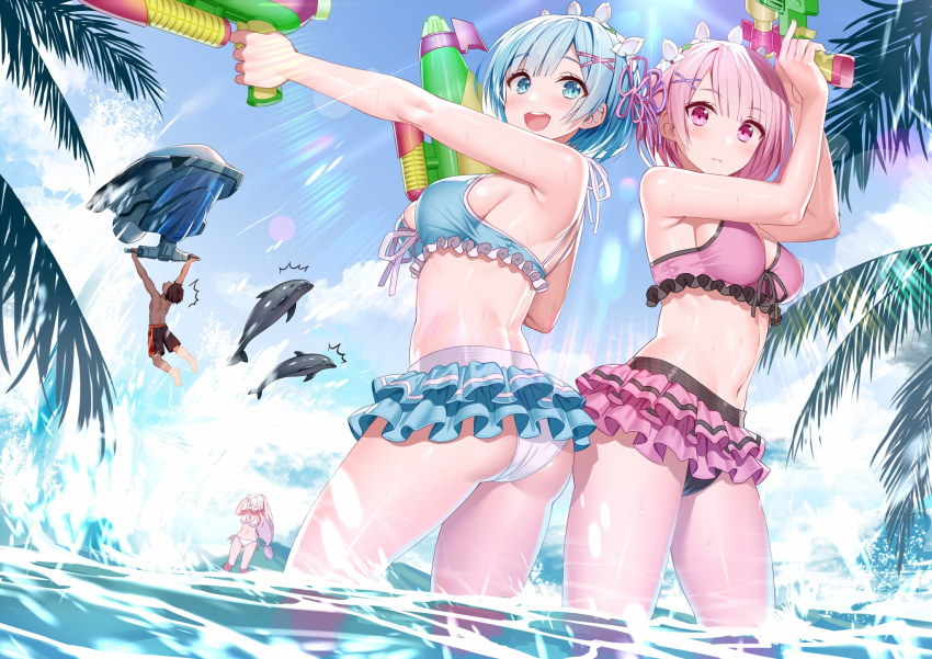 1boy 3girls akusema arms_up ass bangs bare_shoulders bikini bikini_skirt blue_eyes blue_hair blue_skirt blue_sky blush breasts closed_mouth cloud day dolphin emilia_(re:zero) eyebrows_visible_through_hair flower frilled_skirt frills hair_flower hair_ornament highres holding holding_water_gun jet_ski light_frown long_hair looking_at_viewer looking_back male_swimwear multiple_girls natsuki_subaru navel ocean open_mouth outdoors outstretched_arm palm_tree pink_eyes pink_hair pink_skirt ram_(re:zero) re:zero_kara_hajimeru_isekai_seikatsu rem_(re:zero) round_teeth shiny shiny_skin short_hair siblings side-tie_bikini sisters skirt sky standing sunlight swim_trunks swimsuit swimwear teeth thighs tree upper_teeth very_long_hair wading water water_gun white_bikini x_hair_ornament