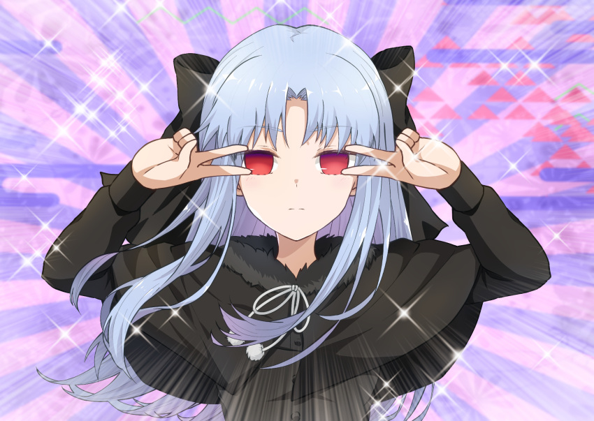 1girl azami_masurao bangs black_bow black_coat blue_hair bow capelet closed_mouth coat commentary_request double_v emotional_engine_-_full_drive empty_eyes expressionless eyebrows_visible_through_hair fate/grand_order fate_(series) fur-trimmed_capelet fur_trim hair_bow highres len long_sleeves looking_at_viewer melty_blood multicolored multicolored_background parody parted_bangs pom_pom_(clothes) red_eyes sidelocks solo sparkle tsukihime upper_body v winter_clothes