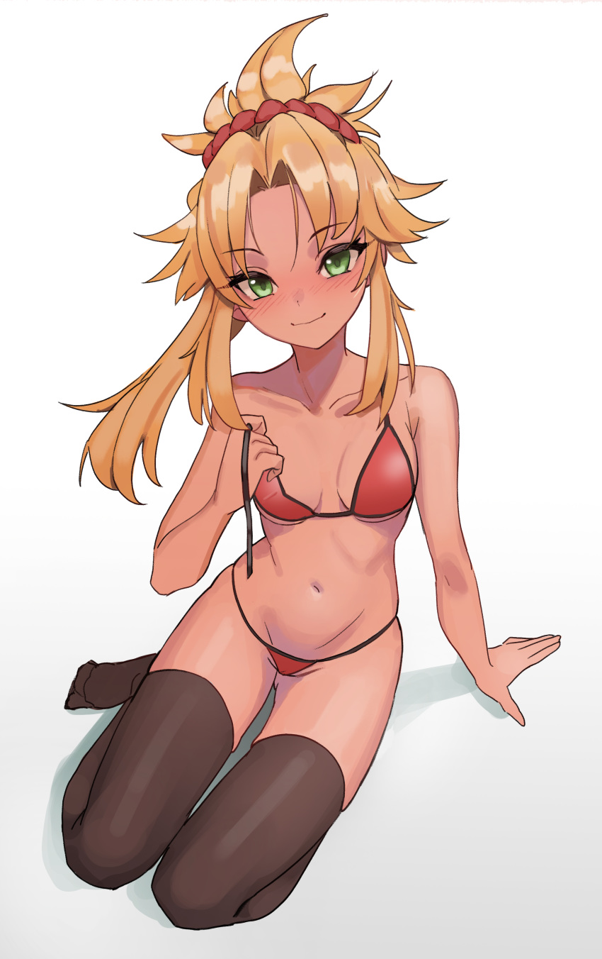 1girl absurdres bangs bare_shoulders bikini blush breasts closed_mouth collarbone fate/grand_order fate_(series) green_eyes hair_ornament hair_scrunchie highres kiritzuguart long_hair looking_at_viewer mordred_(fate)_(all) mordred_(swimsuit_rider)_(fate) navel parted_bangs ponytail red_bikini red_scrunchie scrunchie simple_background small_breasts smile swimsuit thighhighs thighs white_background