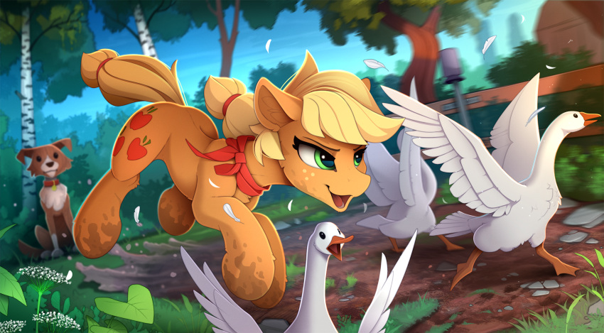 2020 ambiguous_gender anatid anseriform anserinae applejack_(mlp) avian beak bird blonde_hair canid canine canis cutie_mark day detailed_background domestic_dog earth_pony equid equine feathered_wings feathers female feral forest freckles friendship_is_magic fur goose grass group hair hasbro hi_res horse mammal mud my_little_pony open_beak open_mouth orange_beak orange_body orange_fur outside pony sky smile teeth tongue tree white_body white_feathers wings winona_(mlp) yakovlev-vad