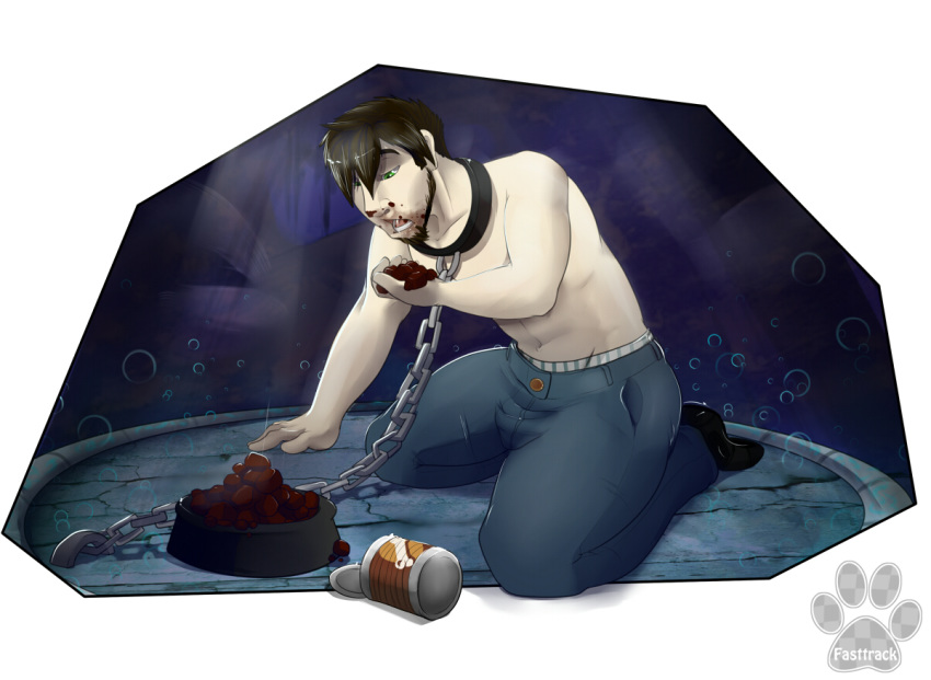 bottomwear canid canine chain clothing dark_background digital_media_(artwork) dog_food eating eating_food fasttrack37d footwear human jeans kneeling male mammal neox pants shoes slave transformation watermark