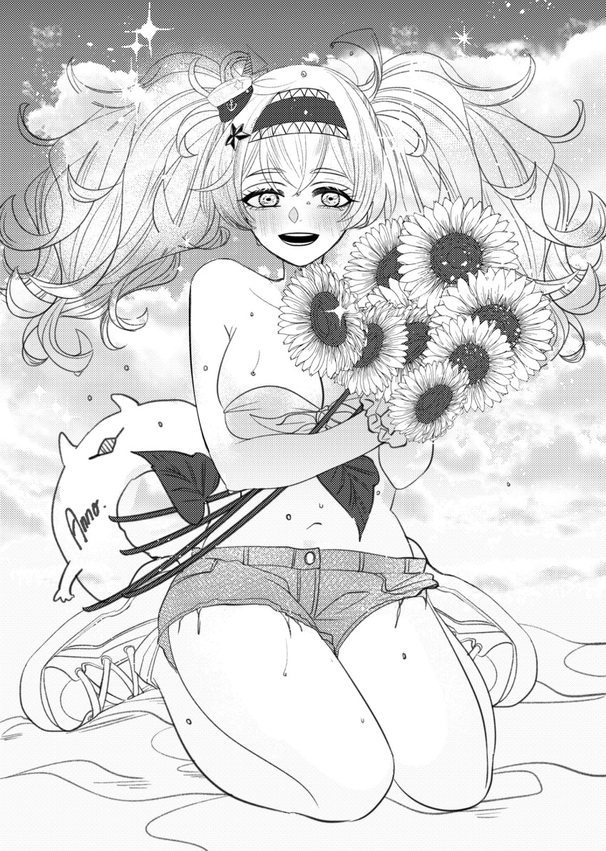 1girl anno88888 bangs bikini blush breasts cloud denim denim_shorts enemy_lifebuoy_(kantai_collection) flower gambier_bay_(kantai_collection) greyscale hairband hat highres holding holding_flower kantai_collection large_breasts long_hair mini_hat monochrome open_mouth shinkaisei-kan shoes shorts signature sitting sky sneakers sparkle strapless strapless_bikini sunflower swimsuit twintails