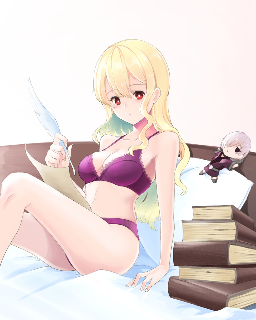 1girl arm_support bangs bare_arms bare_legs bare_shoulders bed blonde_hair blush book book_stack bra breasts character_doll character_request cleavage closed_mouth collarbone commentary_request dorothy_(shingeki_no_bahamut) feathers hand_up highres holding holding_feather indoors knee_up long_hair looking_at_viewer medium_breasts navel on_bed panties paper pillow pink_bra pink_panties red_eyes shingeki_no_bahamut sitting solo stomach underwear underwear_only yuuge_ningen