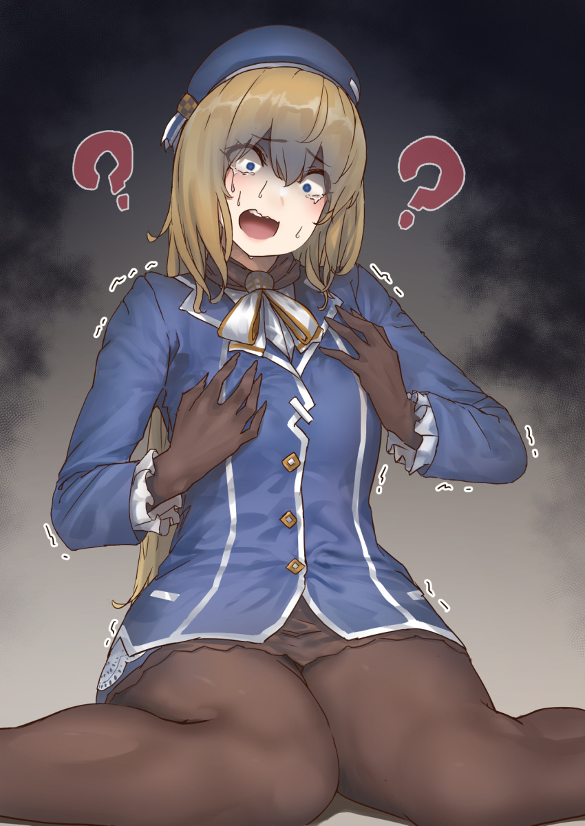 1girl ? alternate_breast_size ascot atago_(kantai_collection) beret black_gloves blonde_hair blue_eyes blue_headwear blue_jacket blush breasts commentary_request crying crying_with_eyes_open empty_eyes frilled_sleeves frills gloves gradient gradient_background grey_background hat highres horror_(expression) jacket kantai_collection long_hair long_sleeves looking_down mouth open_mouth pantyhose role_reversal sidelocks sitting small_breasts solo tears teeth uniform uru_(uru0000) wariza