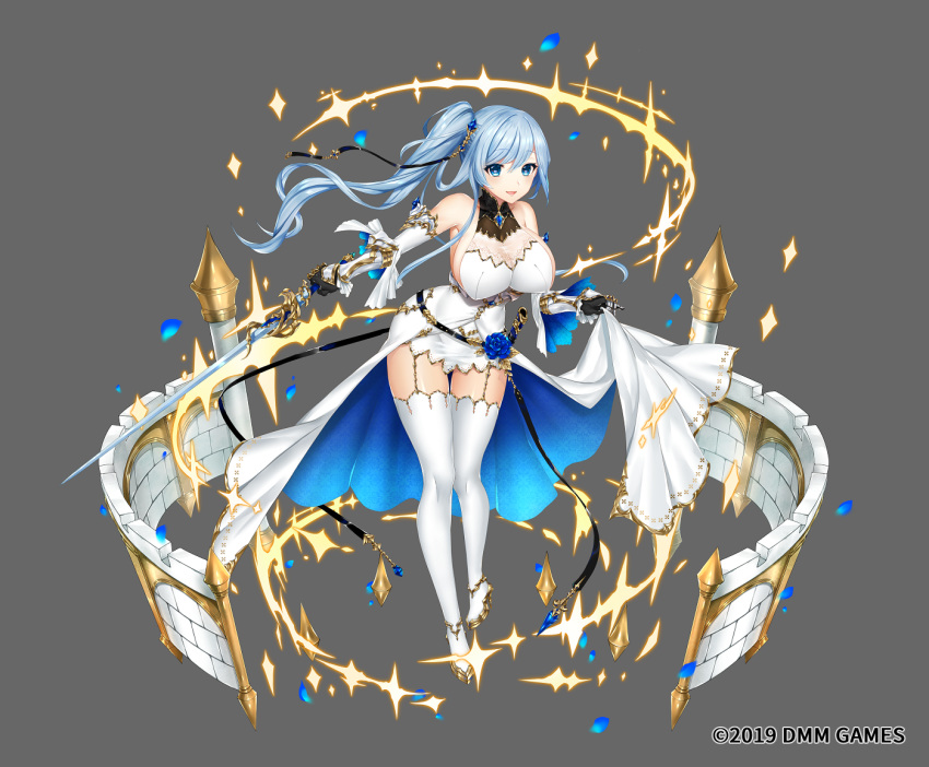 1girl apt blue_hair breasts dress gemini_seed high_heels strapless strapless_dress sword thighhighs weapon