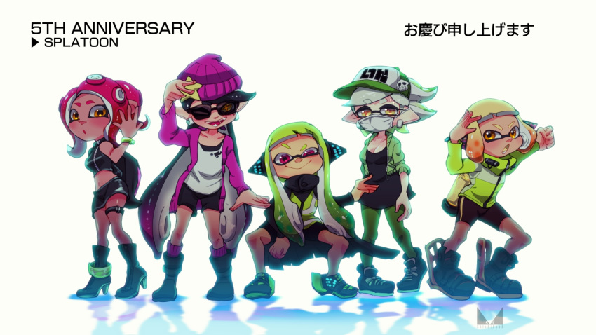 +_+ 5girls anniversary aori_(splatoon) arm_up artist_logo bangs baseball_cap beanie bike_shorts black-framed_eyewear black_cape black_footwear black_hair black_legwear black_shirt black_shorts black_skirt blonde_hair blunt_bangs boots bracelet brown_eyes cape chichi_band combat_boots commentary copyright_name crop_top domino_mask earrings english_text eyebrows_visible_through_hair gradient_hair green_hair green_headwear grey_hair half-closed_eye half-closed_eyes hat hat_ornament headgear high_heel_boots high_heels hotaru_(splatoon) ink_tank_(splatoon) inkling jacket jewelry long_hair long_sleeves makeup mascara mask midriff miniskirt mouth_mask multicolored_hair multiple_girls octoling open_clothes open_jacket orange_eyes orange_hair pantyhose pencil_skirt pointy_ears pose print_headwear purple_eyes purple_hair purple_headwear purple_jacket purple_legwear red_hair reflection shirt shoes short_hair shorts single_vertical_stripe skirt sleeveless sleeveless_shirt smirk sneakers socks splatoon_(series) splatoon_1 splatoon_2 splatoon_2:_octo_expansion squatting star_(symbol) star_hat_ornament straight-laced_footwear suction_cups sunglasses sweatdrop swept_bangs tattered_cape tentacle_hair thigh_strap translated very_long_hair vest white_background white_shirt yellow_footwear yellow_jacket yellow_vest