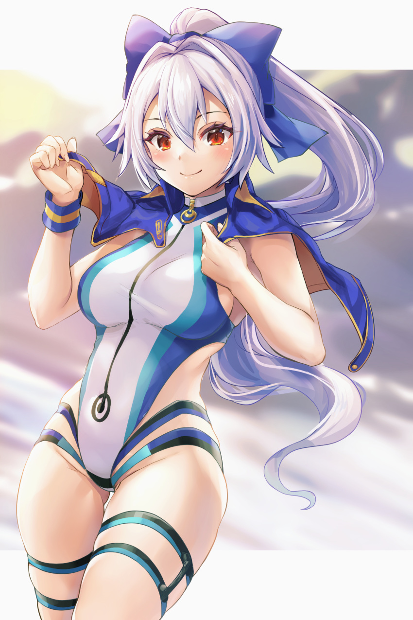 1girl bangs blue_bow blue_jacket blue_swimsuit blush bow breasts fate/grand_order fate_(series) hair_between_eyes hair_bow highleg highleg_swimsuit highres jacket large_breasts long_hair looking_at_viewer one-piece_swimsuit ponytail red_eyes samoore short_sleeves silver_hair smile swimsuit thighs tomoe_gozen_(fate/grand_order) tomoe_gozen_(swimsuit_saber)_(fate) two-tone_swimsuit white_swimsuit