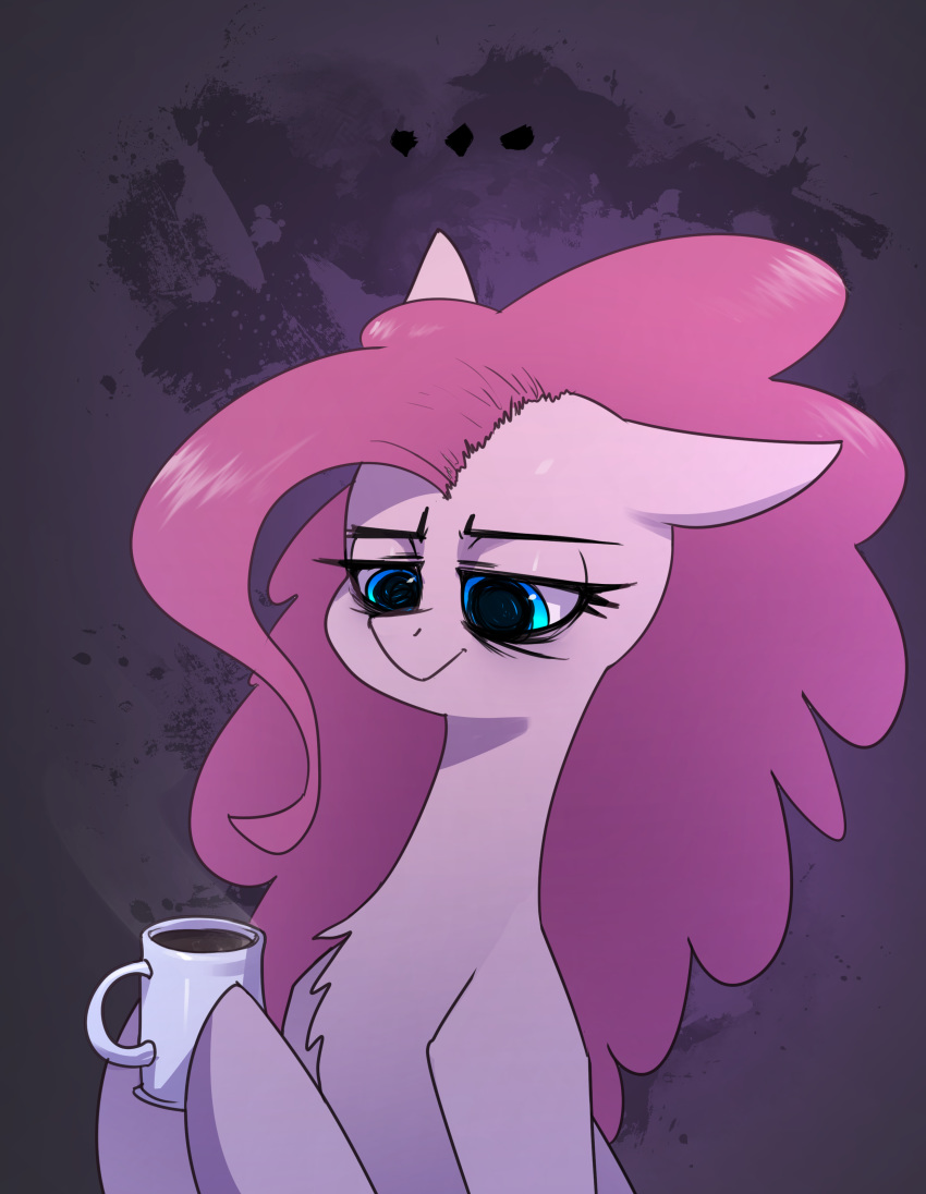 ... absurd_res bags_under_eyes beverage blue_eyes coffee coffee_mug cup equid equine female friendship_is_magic hasbro hi_res horse mammal my_little_pony pinkie_pie_(mlp) pony semi-anthro solo steam underpable