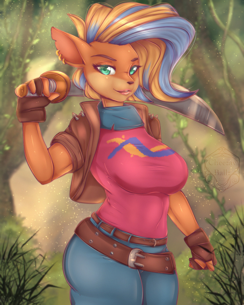 2020 4:5 4_fingers activision anthro bandicoot belt bottomwear cheezayballz clothed clothing crash_bandicoot_(series) cutlass digital_media_(artwork) ear_piercing ear_ring female fingerless_gloves fingers gloves green_eyes hair handwear hi_res holding_object holding_sword holding_weapon jacket jeans looking_at_viewer mammal marsupial melee_weapon multicolored_hair pants piercing pirate_tawna shirt short_hair solo sword tawna_bandicoot topwear tree two_tone_hair video_games weapon