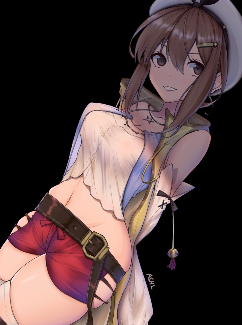 1girl artist_name asil atelier_(series) atelier_ryza barrette belt beret black_background breasts brown_eyes brown_hair crop_top eyebrows_visible_through_hair hair_between_eyes hat highres jewelry long_hair looking_at_viewer medium_breasts necklace red_shorts reisalin_stout shorts smile solo tank_top white_tank_top