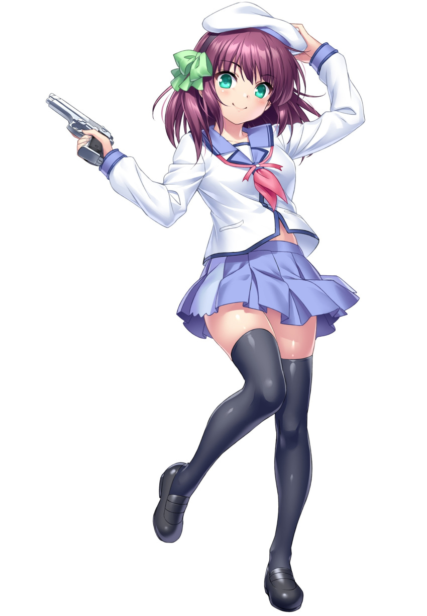 1girl absurdres angel_beats! arm_up black_footwear black_hairband black_legwear blue_sailor_collar blue_skirt bow collarbone full_body green_bow gun hair_bow hairband handgun hat highres holding holding_gun holding_weapon long_hair long_sleeves looking_at_viewer miniskirt pink_neckwear pleated_skirt purple_hair sailor_collar sailor_shirt shiny shiny_hair shiny_skin shirt simple_background skirt solo thighhighs weapon white_background white_headwear white_shirt yuri_(angel_beats!) zen zettai_ryouiki