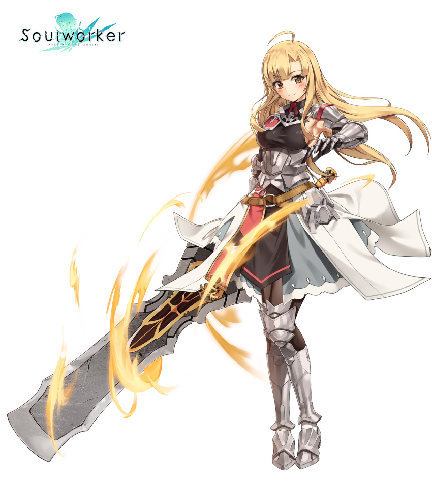 1girl absurdres ahoge armor armored_boots armpits belt black_legwear blonde_hair blush boots breasts brown_eyes closed_mouth faulds floating_hair full_body gauntlets haru_estia highres holding holding_sword holding_weapon huge_weapon knee_boots large_breasts long_hair looking_at_viewer official_art rainmaker shirt shoulder_armor simple_background skirt sleeveless smile solo soul_worker standing sword taut_clothes taut_shirt weapon white_background