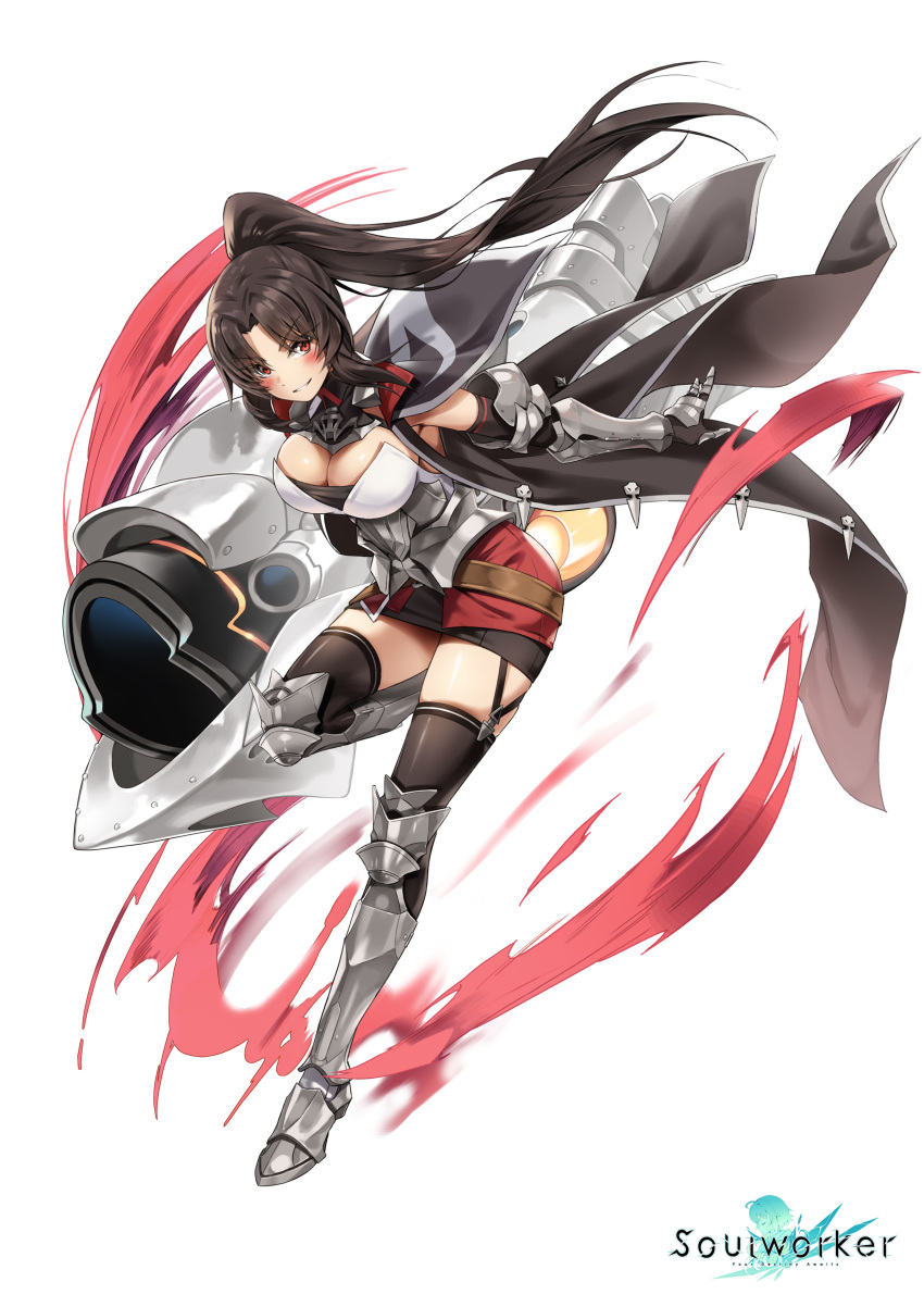 1girl absurdres armor armored_boots armpit_peek bangs black_gloves black_hair black_legwear boots breasts cannon cape cleavage dress elbow_gloves floating_hair full_body gauntlets gloves highres holding iris_yuma knee_boots large_breasts leg_up long_hair looking_at_viewer official_art parted_bangs parted_lips ponytail rainmaker red_eyes simple_background smile solo soul_worker strapless strapless_dress thighhighs v-shaped_eyebrows very_long_hair white_background zettai_ryouiki