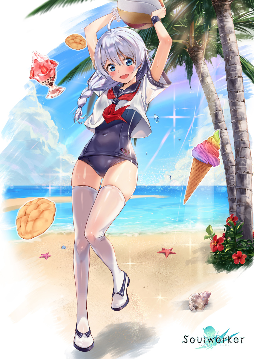1girl :d absurdres ahoge arms_up ball beach beachball blue_eyes blue_swimsuit braid bread covered_navel crop_top crop_top_overhang day food full_body highres holding leg_up long_hair looking_at_viewer neckerchief ocean official_art old_school_swimsuit one-piece_swimsuit open_mouth outdoors palm_tree parfait plant rainmaker sailor_collar sailor_shirt school_swimsuit see-through shirt shoes short_sleeves silver_hair single_braid smile solo soul_worker standing standing_on_one_leg starfish stella_unibell sunlight swimsuit thighhighs thighs tree water white_footwear white_legwear white_shirt wristband