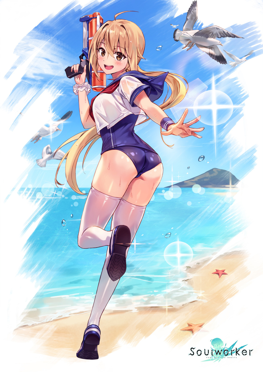 1girl :d absurdres ahoge animal ass beach bird blonde_hair blue_swimsuit breasts brown_eyes crop_top crop_top_overhang day finger_on_trigger full_body hand_up haru_estia highres holding leg_up long_hair looking_at_viewer looking_back low_ponytail neckerchief ocean official_art old_school_swimsuit one-piece_swimsuit open_mouth outdoors outstretched_arm rainmaker sailor_collar sailor_shirt school_swimsuit scrunchie seagull shirt shoes short_sleeves smile solo soul_worker sunlight swimsuit thighhighs thighs very_long_hair water water_gun wet white_legwear white_shirt wrist_scrunchie wristband