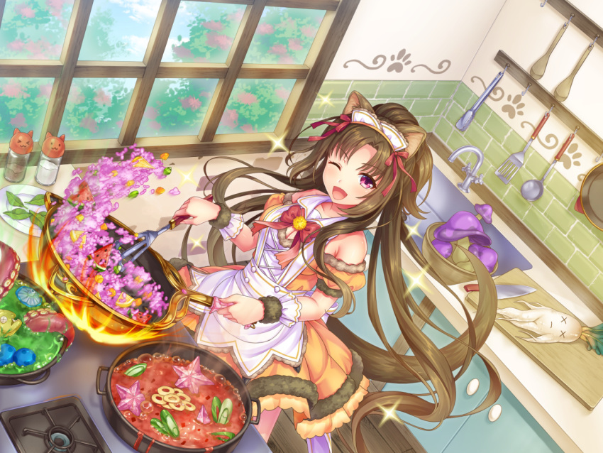 &gt;_&lt; 1girl :3 animal_ears apron armpit_crease bare_shoulders blush breasts brown_hair cleavage cleavage_cutout collarbone cooking cutting_board daikon detached_sleeves dress eyebrows_visible_through_hair fire fish flame food fruit holding indoors knife long_hair looking_at_viewer maid maid_apron maid_headdress medium_breasts mushroom octopus one_eye_closed open_mouth orange_dress original otosume_ruiko paw_print puffy_sleeves red_ribbon ribbon smile solo soup_ladle spatula spoon standing starfish stove vegetation very_long_hair watermelon watermelon_seeds window wok wooden_spoon x_x