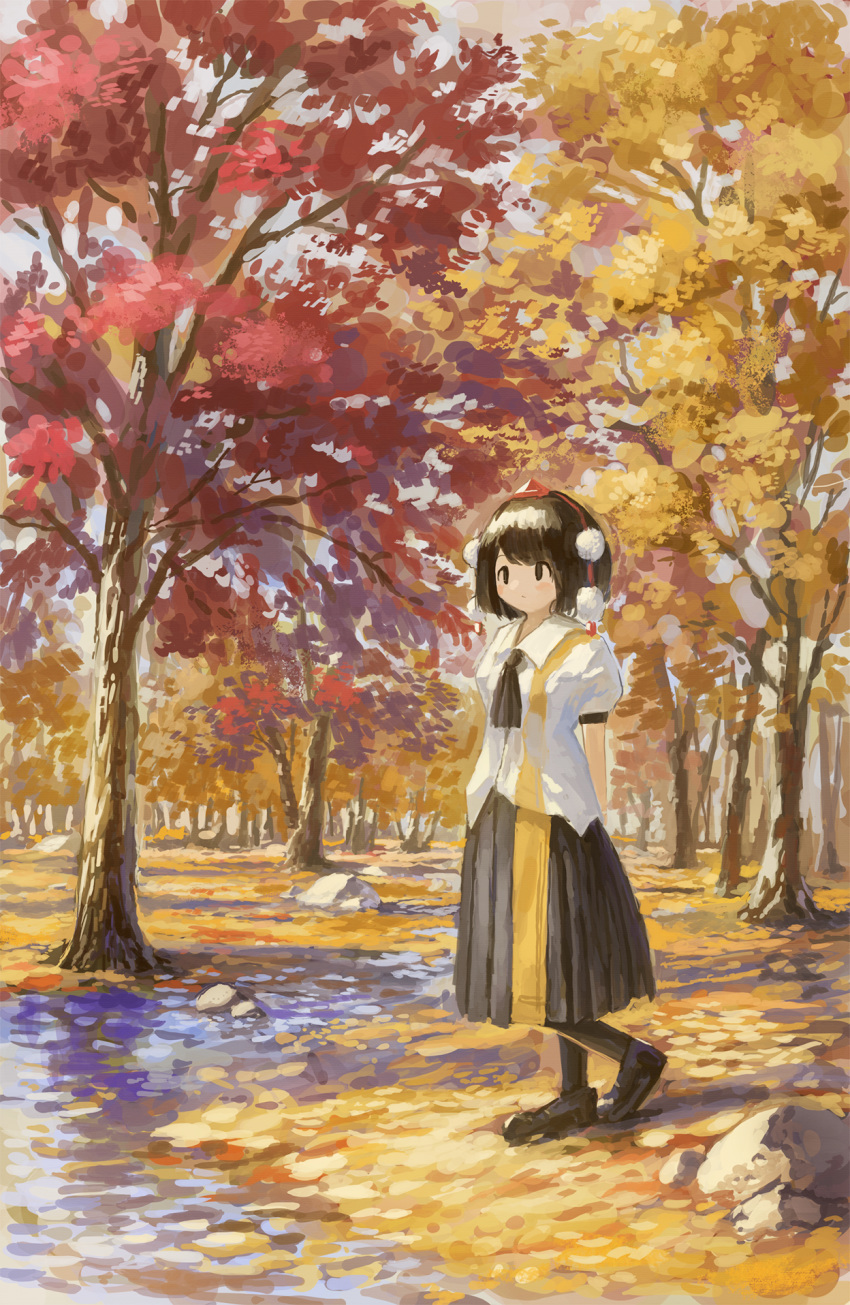 1girl arms_behind_back autumn_leaves black_eyes black_footwear black_hair black_legwear black_neckwear black_skirt cravat expressionless fjsmu folded_leg forest full_body hat highres long_skirt looking_to_the_side nature pantyhose pleated_skirt pom_pom_(clothes) puffy_short_sleeves puffy_sleeves red_headwear rock scenery shameimaru_aya short_hair short_sleeves skirt solo standing stream tokin_hat touhou two-tone_shirt two-tone_skirt