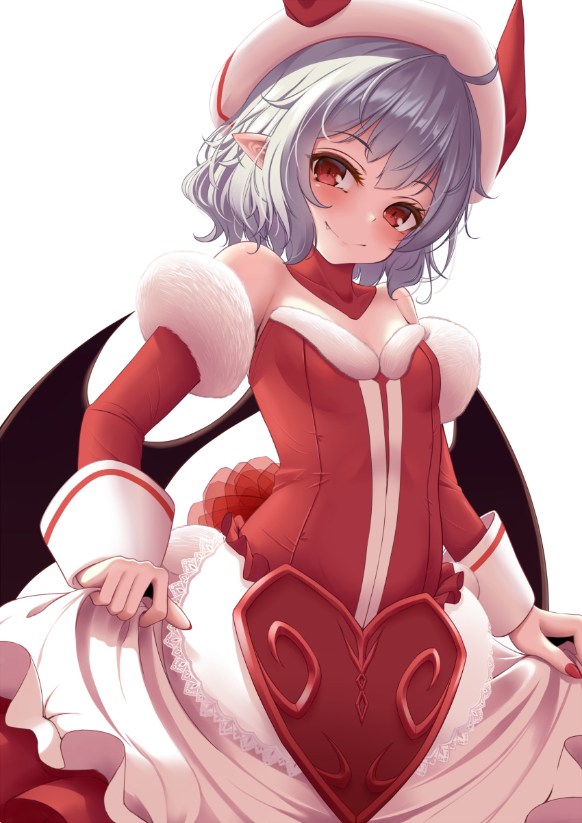 1girl absurdres bare_shoulders bat_wings black_wings blush breasts closed_mouth curiosities_of_lotus_asia dress fang fang_out hat heart highres indica light_smile looking_at_viewer medium_hair nail_polish pointy_ears red_eyes red_nails remilia_scarlet silver_hair simple_background skirt_hold slit_pupils small_breasts solo touhou white_background wings