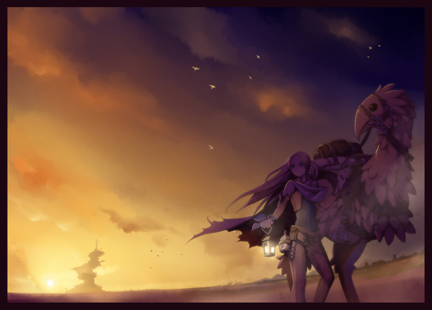 back backlighting bag beak belt belt_pouch bird black_border blonde_hair border bottle brown_pants building cape celes_chere chocobo closed_mouth creature evening final_fantasy final_fantasy_vi holding long_hair looking_to_the_side pants pouch purple_cape purple_eyes purple_hair purple_ribbon reins ribbon sky standing sunlight sunset torigoe_takumi walking wrist_ribbon