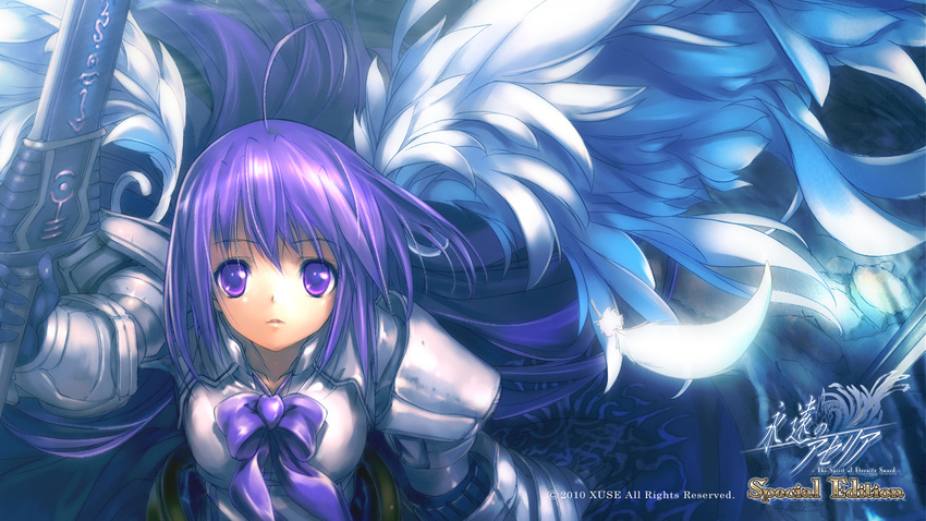 armor aselia eien_no_aselia purple_hair sword violet_eyes weapon wings