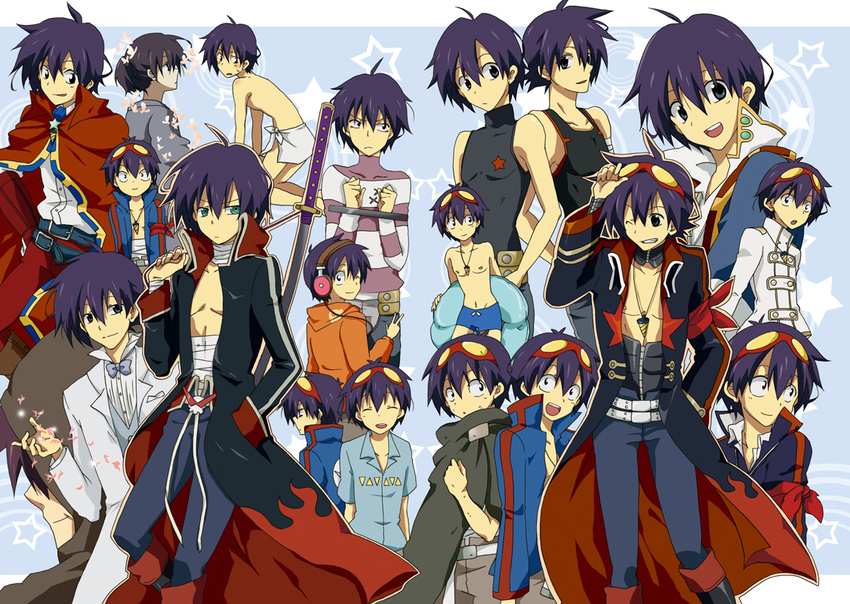 bad_id bad_pixiv_id blue_hair core_drill garlock_simon headphones male_focus multiple_persona natsu_(360c) older prison_clothes simon stocks sword tengen_toppa_gurren_lagann tengen_toppa_gurren_lagann:_parallel_works time_paradox tuxedo weapon younger