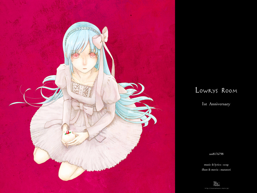 alternate_hairstyle bad_id bad_pixiv_id blue_hair cake dress food from_above hair_ribbon hairband hatsune_miku highres long_hair lowry's_room_(vocaloid) onohana red_eyes ribbon seiza sitting solo very_long_hair vocaloid