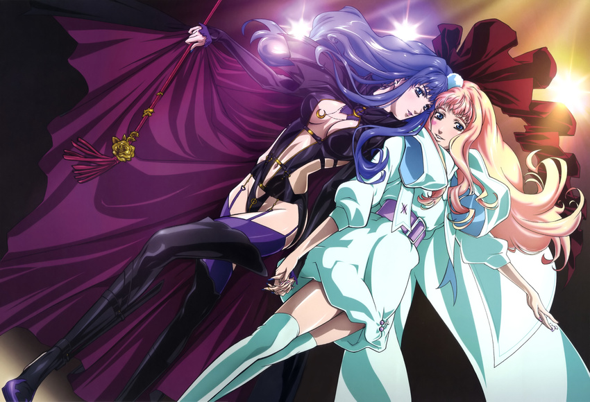 absurdres blonde_hair blue_hair blurry breasts cleavage detexted dual_persona flower garter_belt highres holding_hands large_breasts macross macross_frontier macross_frontier:_itsuwari_no_utahime magazine_scan marufuji_hirotaka multiple_girls newtype official_art scan sheryl_nome staff tattoo thighhighs third-party_edit