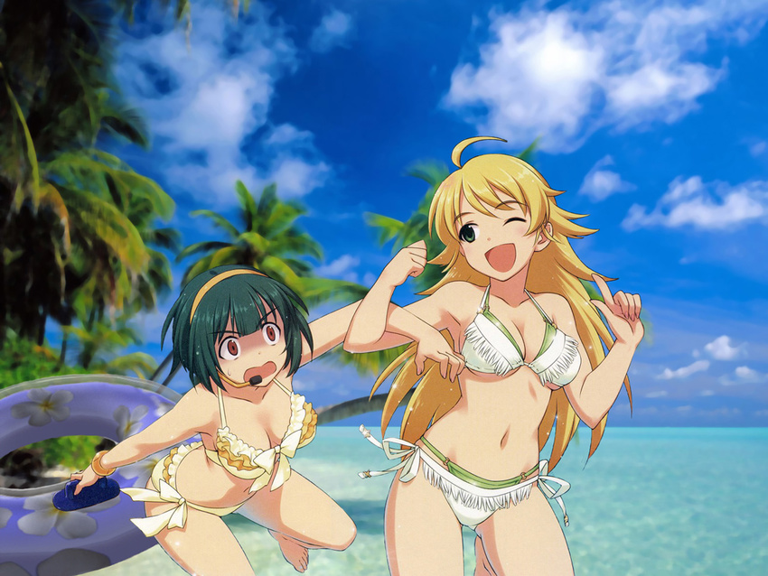 :d ahoge barefoot beach bikini blonde_hair cloud day dengeki_g's front-tie_top green_eyes green_hair headset hoshii_miki idolmaster idolmaster_(classic) index_finger_raised innertube inou_shin layered_bikini multiple_girls navel ocean official_art one_eye_closed open_mouth otonashi_kotori outdoors palm_tree red_eyes shaded_face side-tie_bikini smile swimsuit third-party_edit tree water wavy_mouth